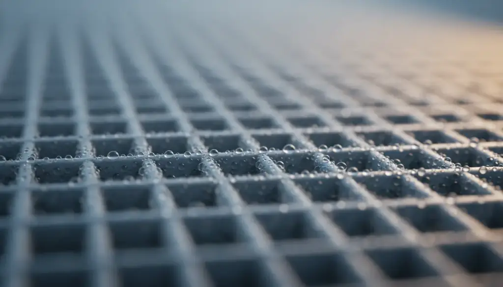 Close view of a cooling coil grille beaded with condensation