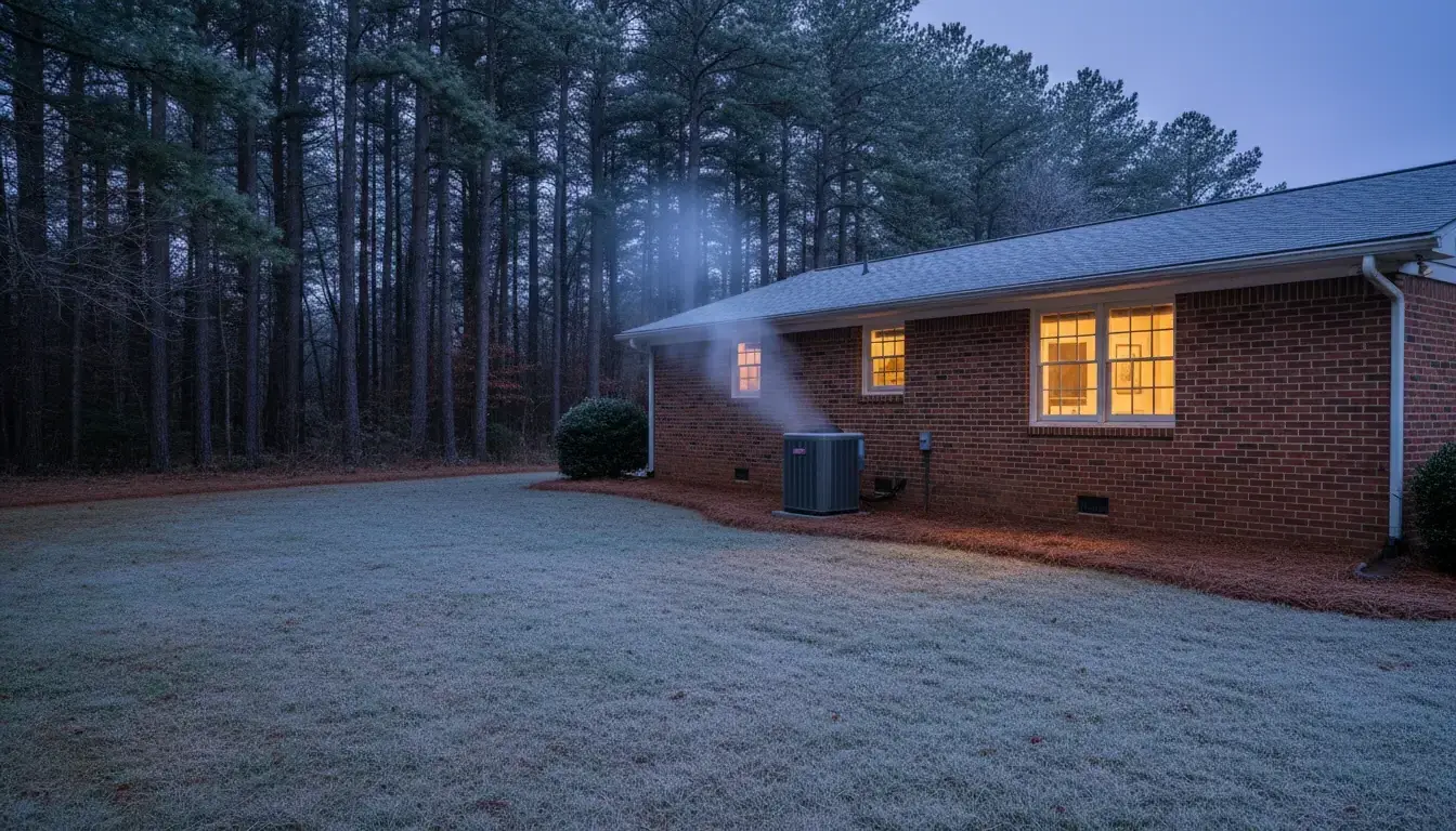 Red-brick ranch house at frost dawn with pines on the left and a heat pump outdoor unit steaming in defrost