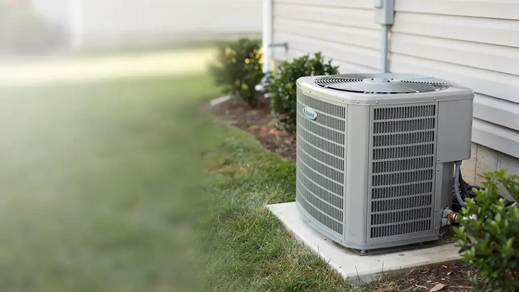 Outdoor condenser on a pad beside a painted brick wall in soft daylight