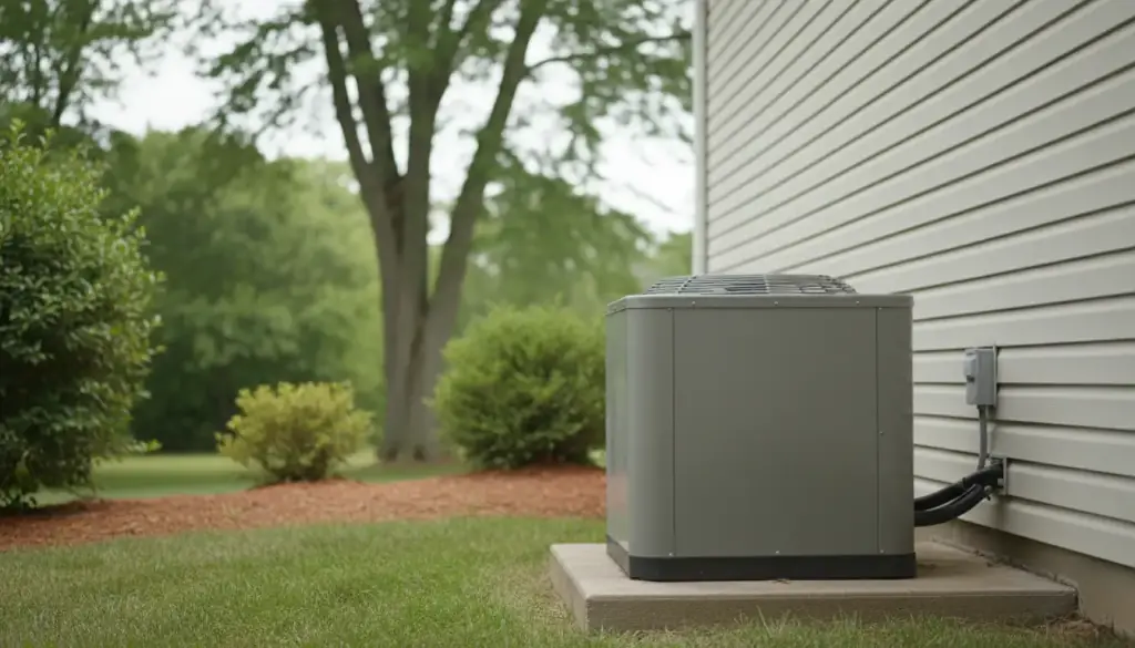 Air conditioning condenser beside grey lap siding next to a garden bed