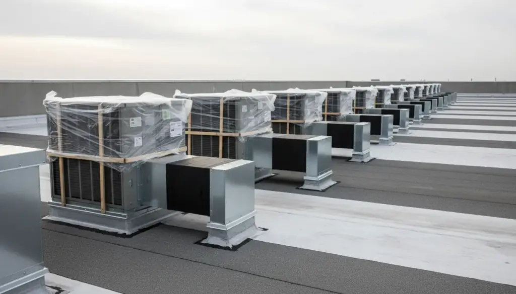 Row of packaged rooftop HVAC units on a flat commercial roof