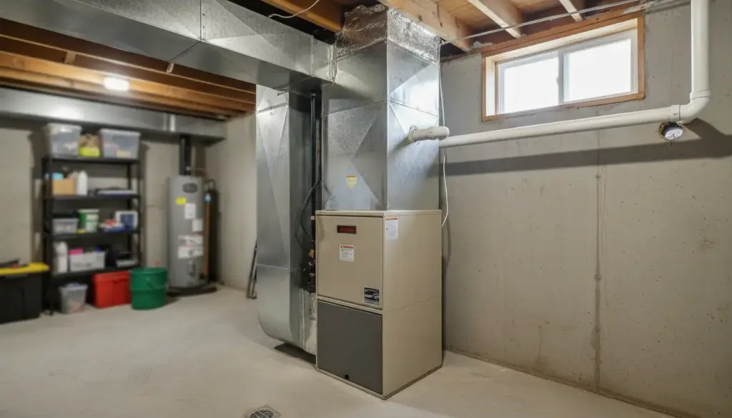 Gas furnace with a blue cabinet and sheet-metal plenum in an unfinished basement