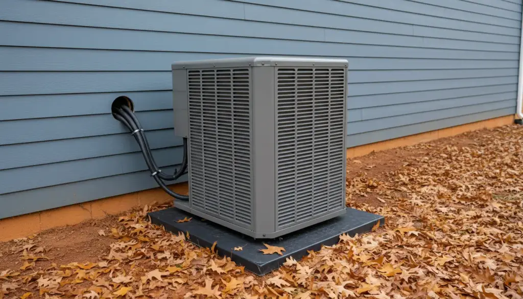 Heat pump outdoor unit on a composite pad beside blue lap siding, oak leaves on red clay