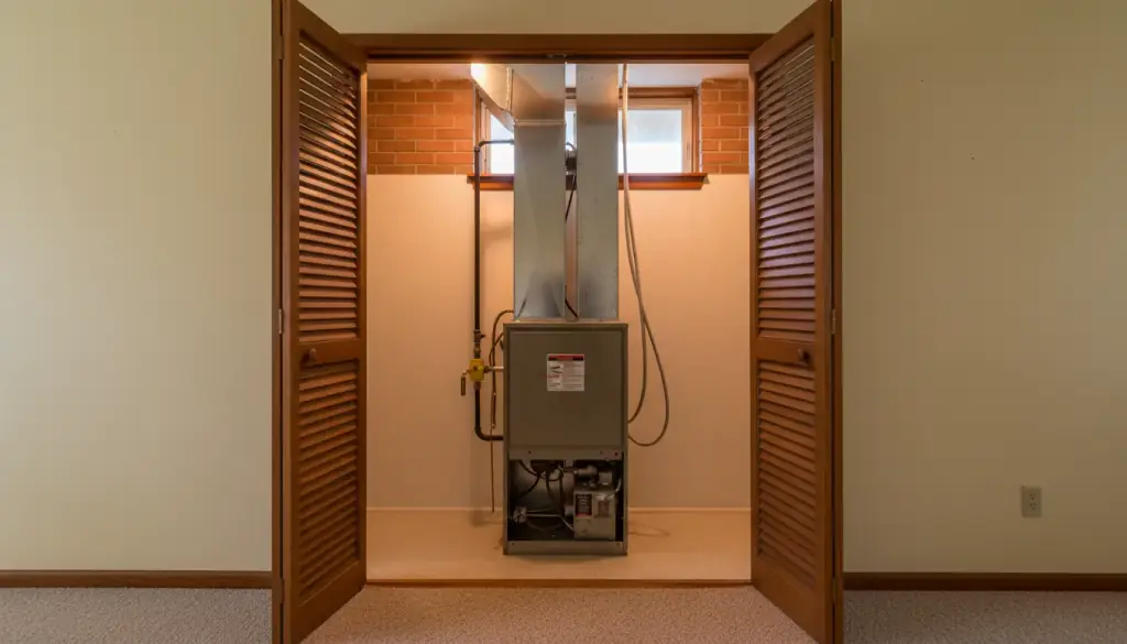 Gas furnace installed in a hall utility closet with louvered doors folded open